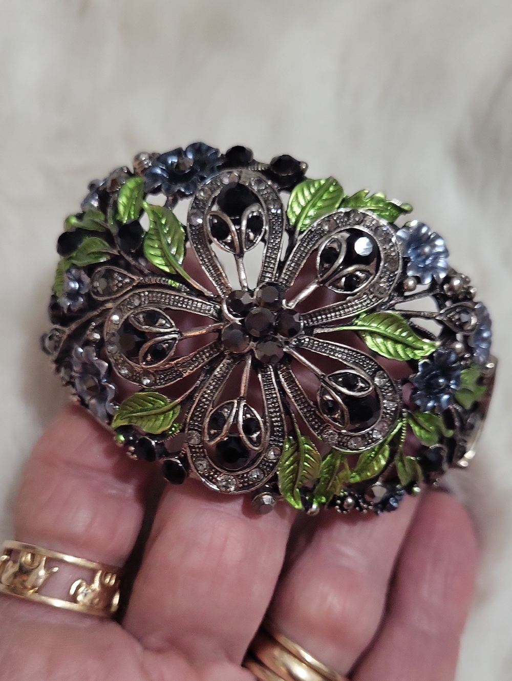 Floral Filigree Rhinestone Accents Enameled Flowers Hinged Cuff Bracelet